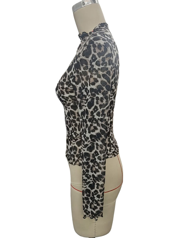 Animal Print Tops - High Frill Neck Leopard Print Top Blouse