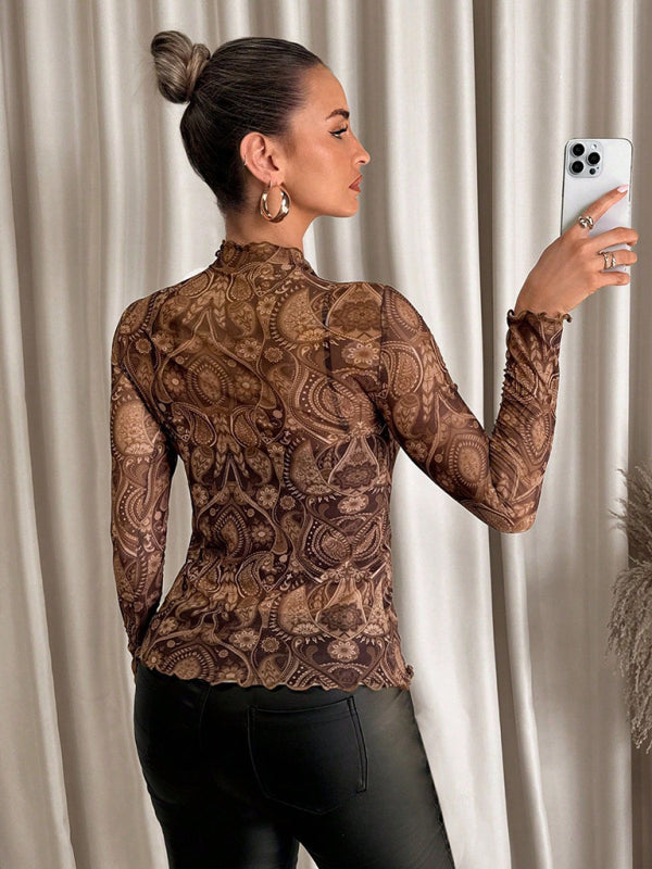 Animal Print Tops - High Frill Neck Leopard Print Top Blouse