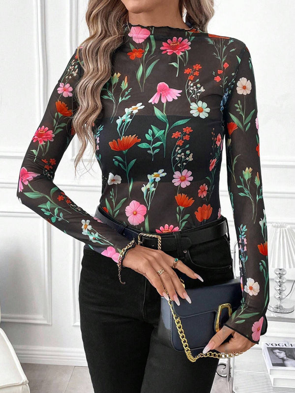 Animal Print Tops - High Frill Neck Leopard Print Top Blouse