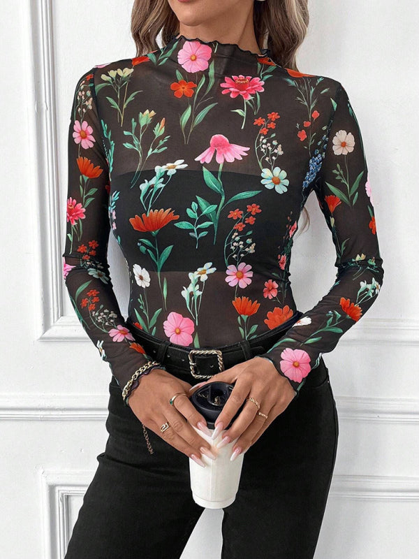 Animal Print Tops - High Frill Neck Leopard Print Top Blouse