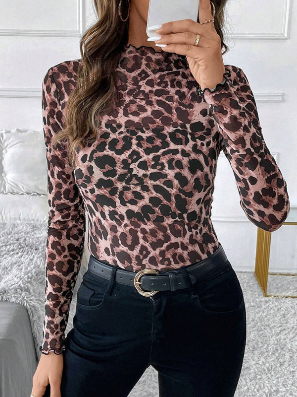 Animal Print Tops - High Frill Neck Leopard Print Top Blouse