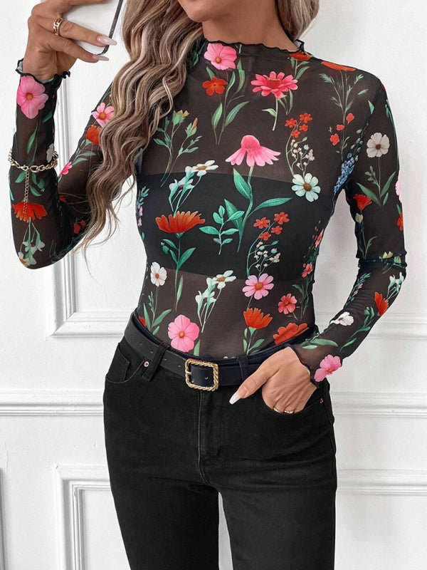 Animal Print Tops - High Frill Neck Leopard Print Top Blouse