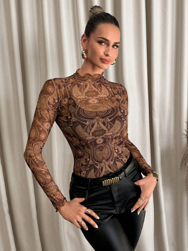 Animal Print Tops - High Frill Neck Leopard Print Top Blouse