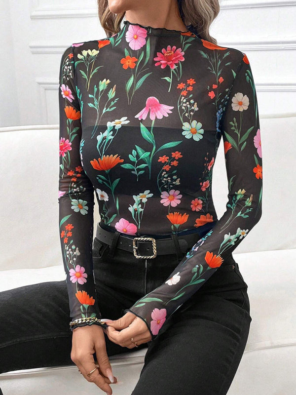 Animal Print Tops - High Frill Neck Leopard Print Top Blouse