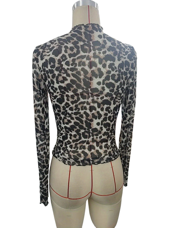 Animal Print Tops - High Frill Neck Leopard Print Top Blouse