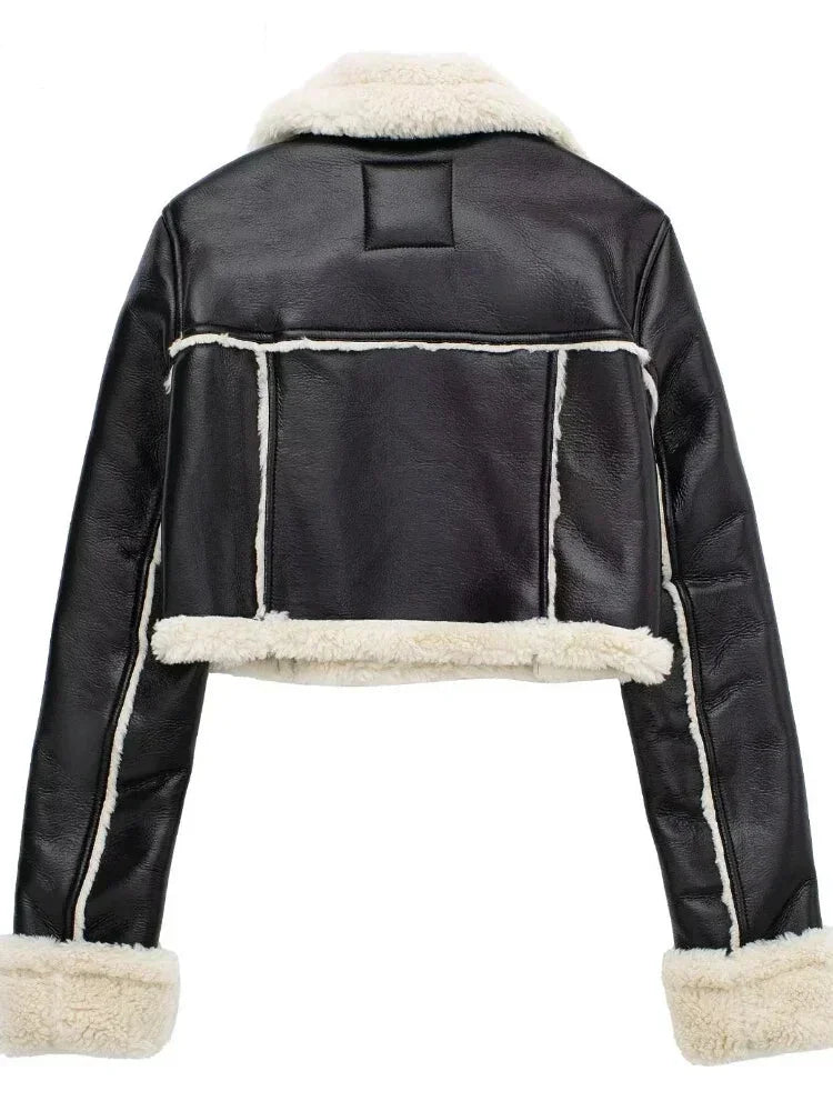 Aviator Jackets- Modern Cropped Leather Jacket with Cozy Faux Fur Lining- - Pekosa Women Fashion