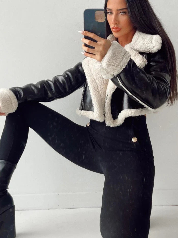 Aviator Jackets- Modern Cropped Leather Jacket with Cozy Faux Fur Lining- - Pekosa Women Fashion
