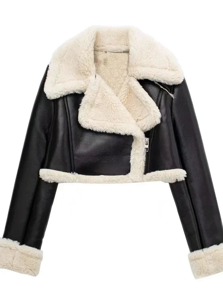 Aviator Jackets- Modern Cropped Leather Jacket with Cozy Faux Fur Lining- Black- Pekosa Women Fashion