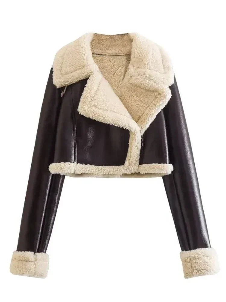 Aviator Jackets- Modern Cropped Leather Jacket with Cozy Faux Fur Lining- Coffee- Pekosa Women Fashion
