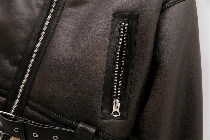 Aviator Jackets- Women Faux Leather Aviator Jacket with Sherpa Lining- - Pekosa Women Fashion