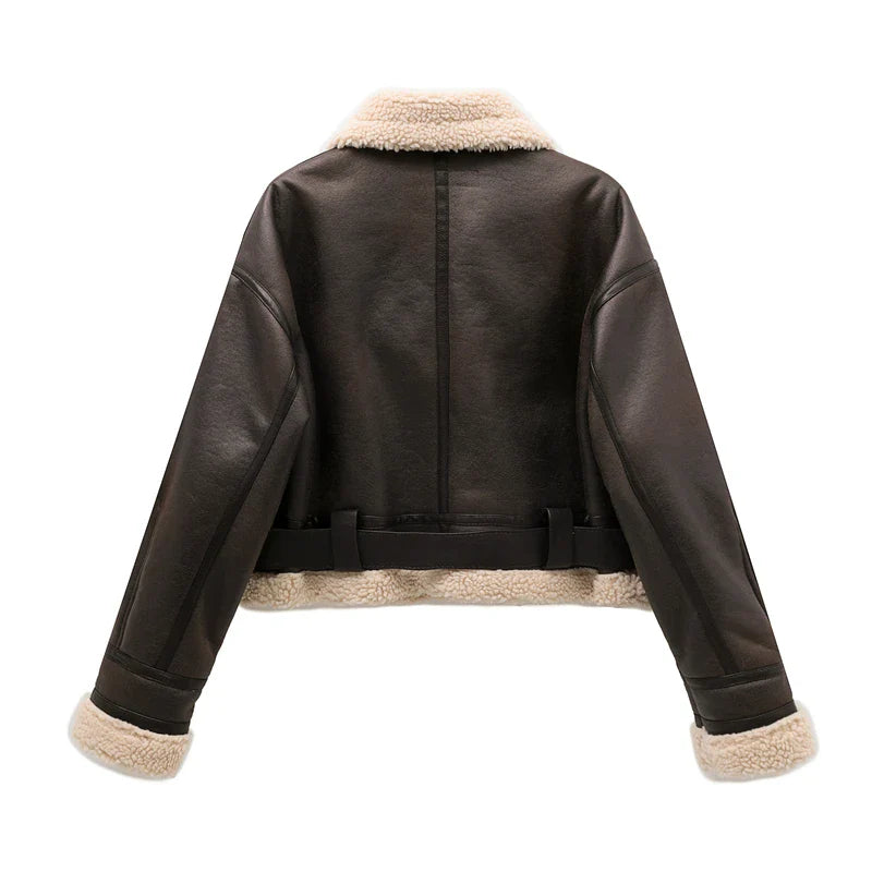 Aviator Jackets- Women Faux Leather Aviator Jacket with Sherpa Lining- - Pekosa Women Fashion