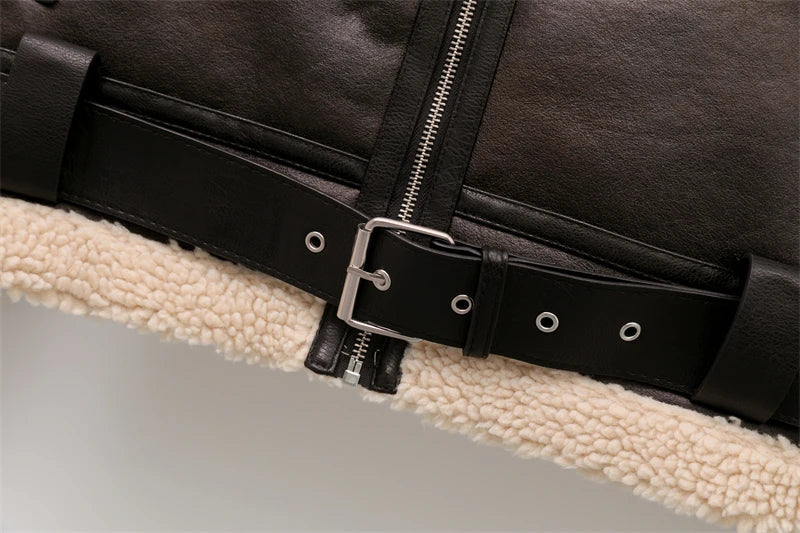 Aviator Jackets- Women Faux Leather Aviator Jacket with Sherpa Lining- - Pekosa Women Fashion