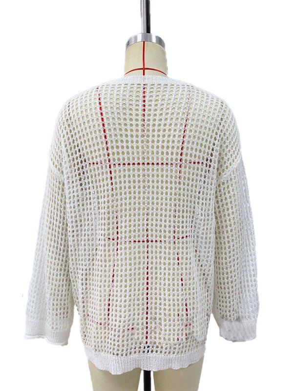 Beach Cover Up - Casual Summer Hollow Knit Beach Top - Long Sleeve Cover-Up