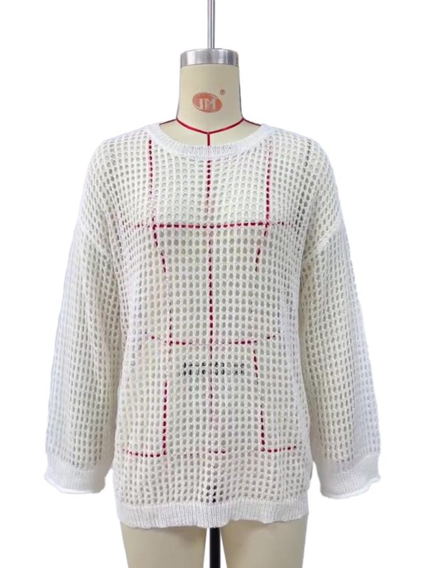 Beach Cover Up - Casual Summer Hollow Knit Beach Top - Long Sleeve Cover-Up