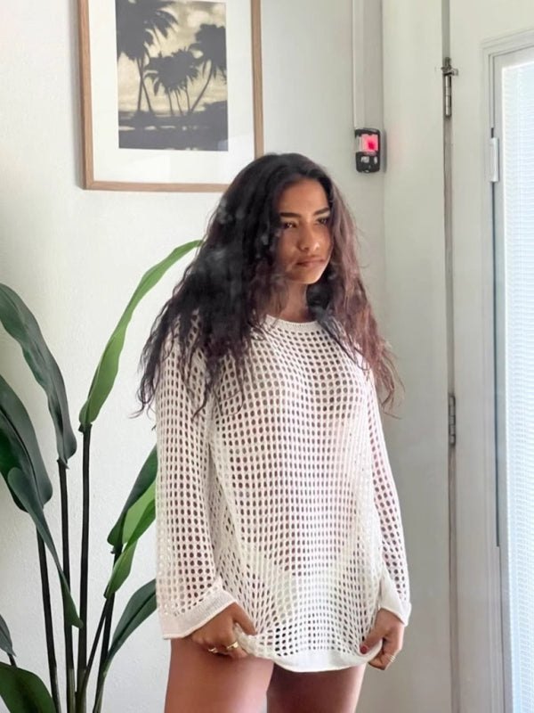 Beach Cover Up - Casual Summer Hollow Knit Beach Top - Long Sleeve Cover-Up