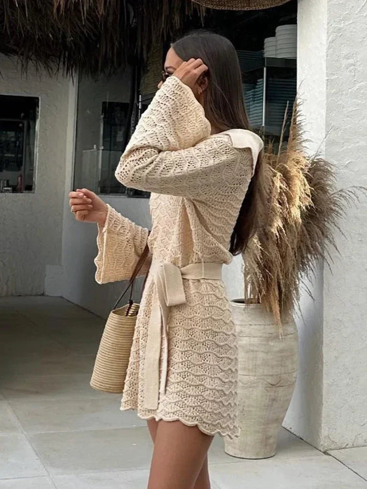 Beach Dresses - Knit Cover-Up Beach Dress with Belted Waist for Vacations