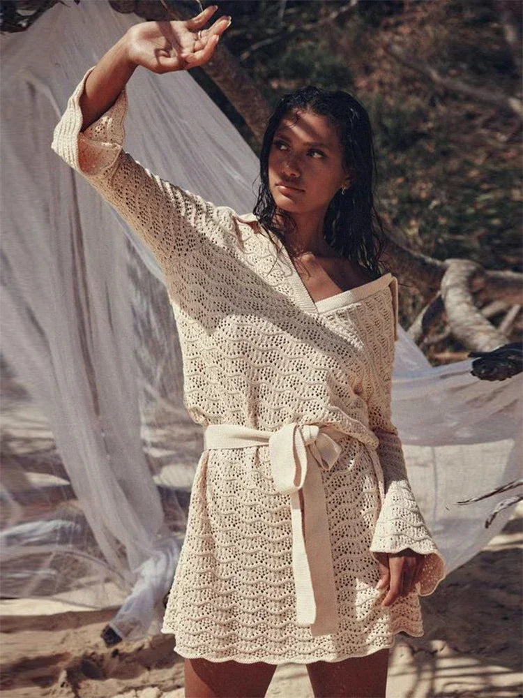 Beach Dresses - Knit Cover-Up Beach Dress with Belted Waist for Vacations