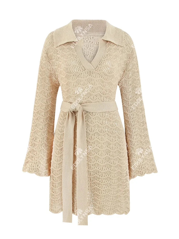 Beach Dresses - Knit Cover-Up Beach Dress with Belted Waist for Vacations