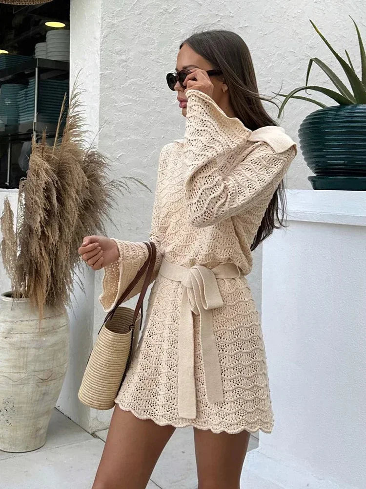 Beach Dresses - Knit Cover-Up Beach Dress with Belted Waist for Vacations