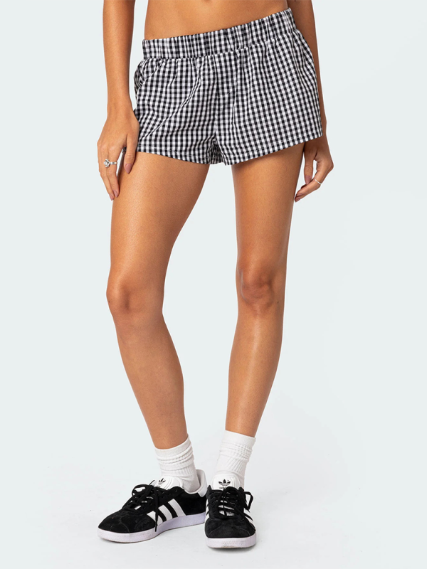 Beach Shorts- Plaid Lounge Shorts for Sunny Adventures- Black- Chuzko Women Clothing