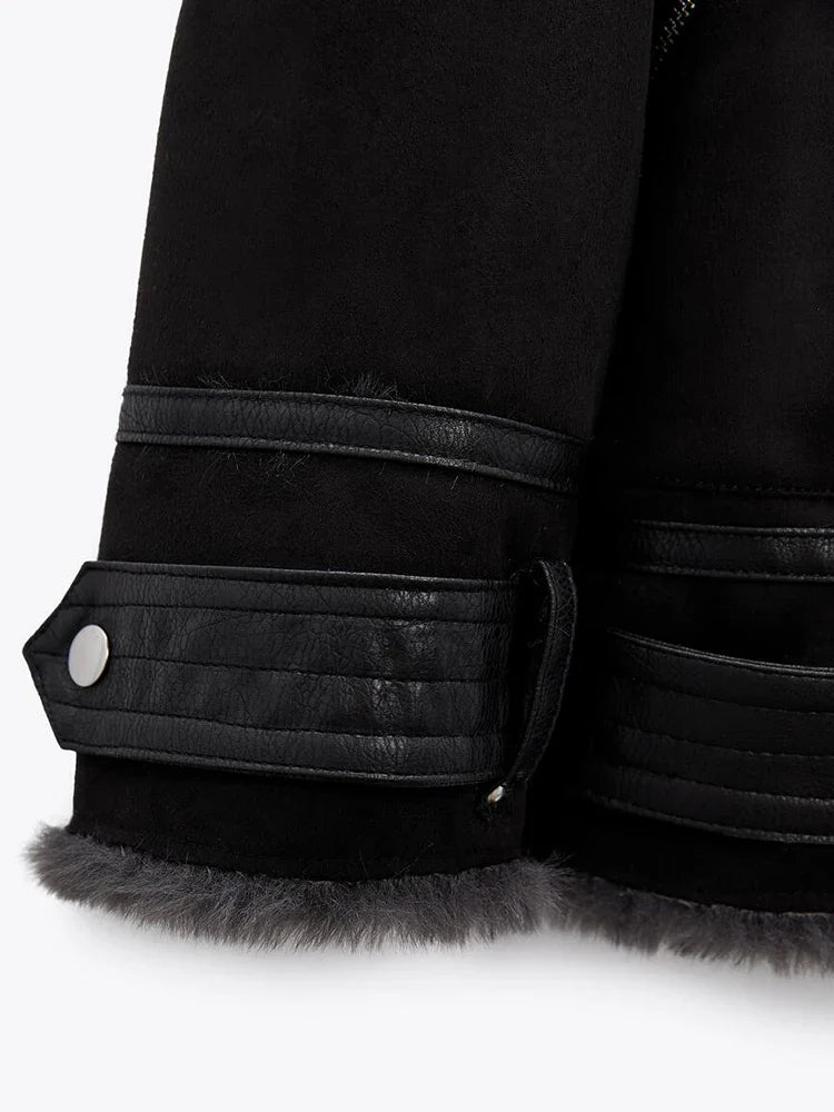 Women Winter Faux Leather Biker Jacket with Shearling Trim