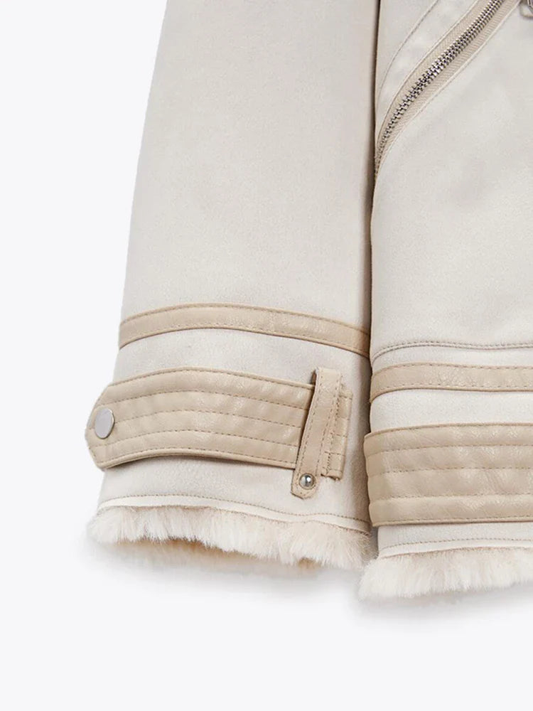 Women Winter Faux Leather Biker Jacket with Shearling Trim