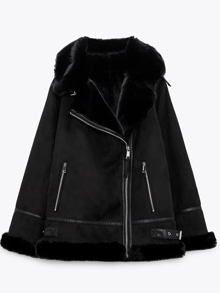 Women Winter Faux Leather Biker Jacket with Shearling Trim