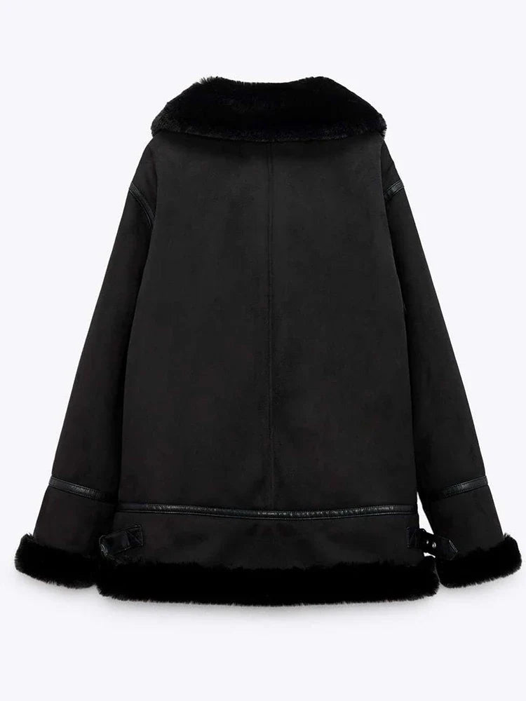 Women Winter Faux Leather Biker Jacket with Shearling Trim
