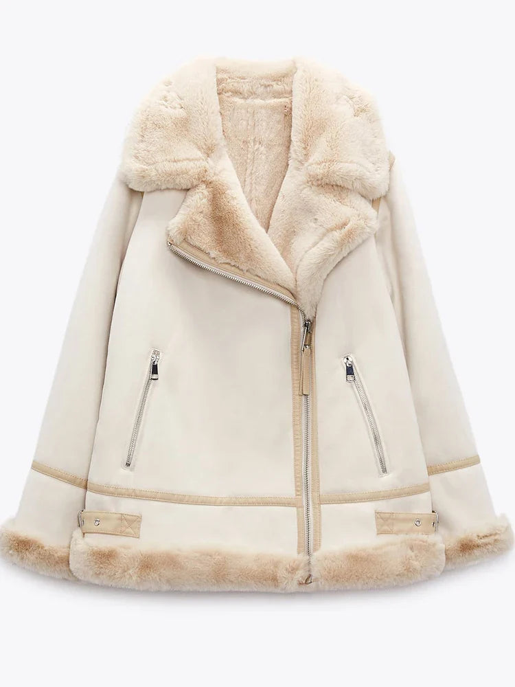 Women Winter Faux Leather Biker Jacket with Shearling Trim