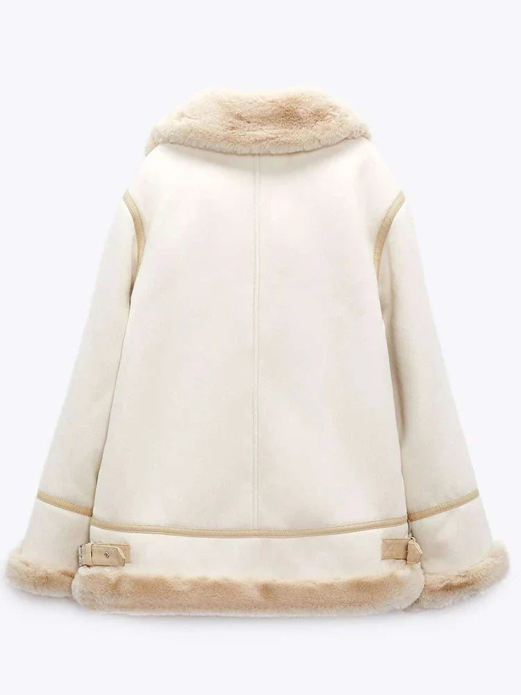Women Winter Faux Leather Biker Jacket with Shearling Trim