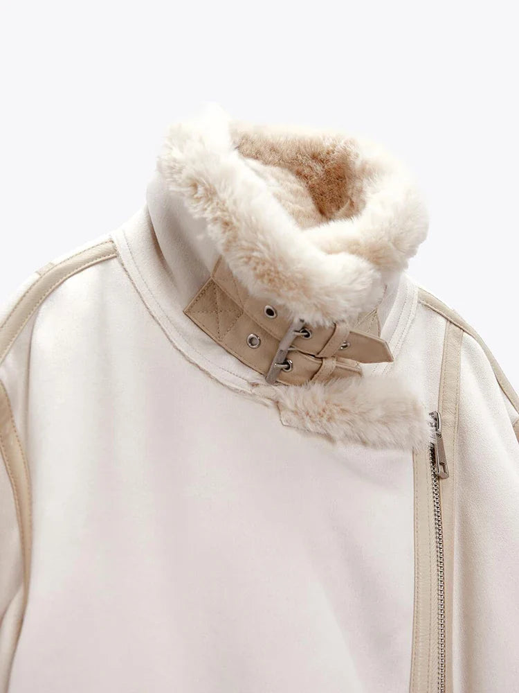 Women Winter Faux Leather Biker Jacket with Shearling Trim