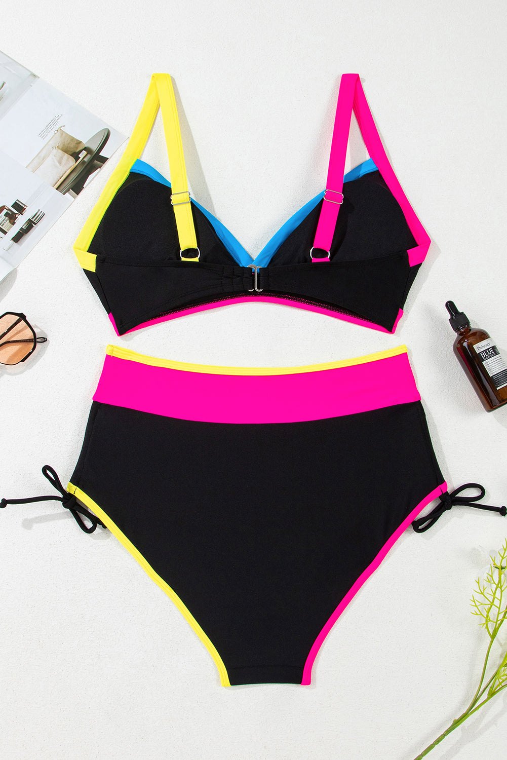 Bikinis - High-Waist Color Block Bikini for Tropical Getaways