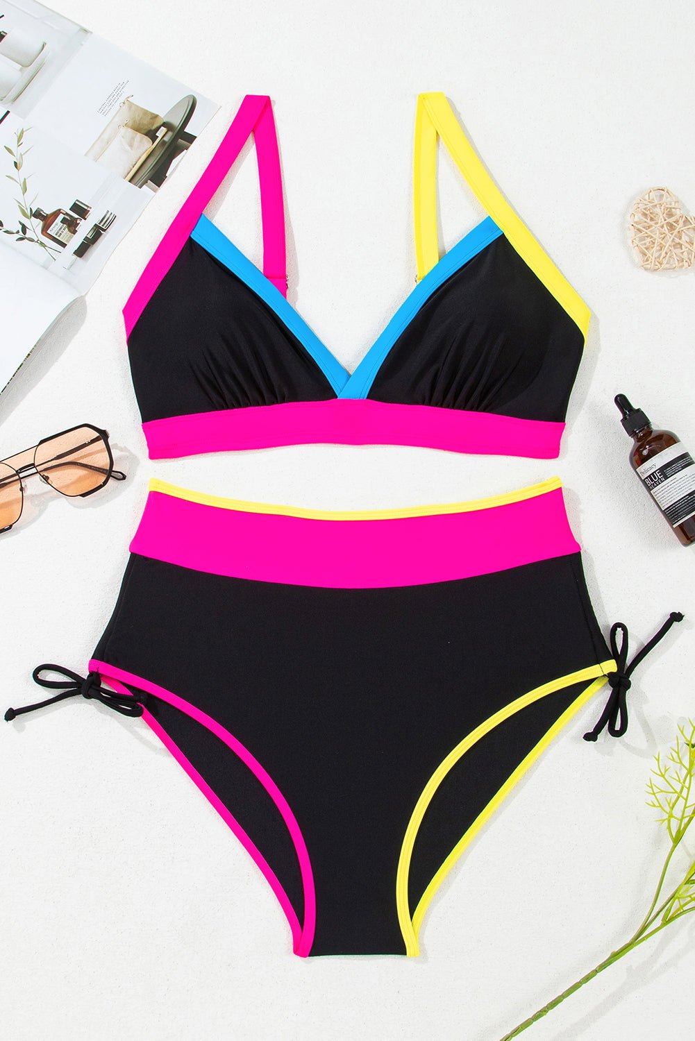Bikinis - High-Waist Color Block Bikini for Tropical Getaways
