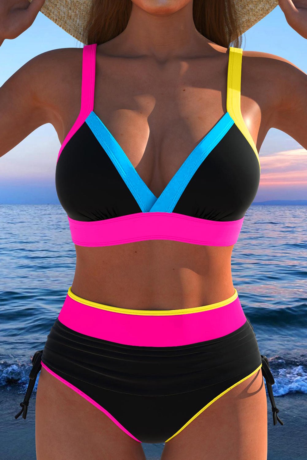 Bikinis - High-Waist Color Block Bikini for Tropical Getaways
