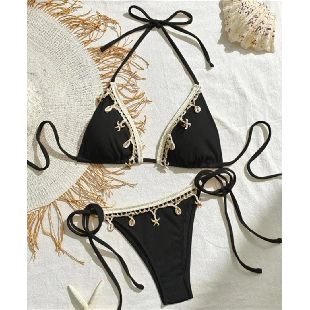 Bikinis - Women’s String Bikini with Decorative Sea Motifs