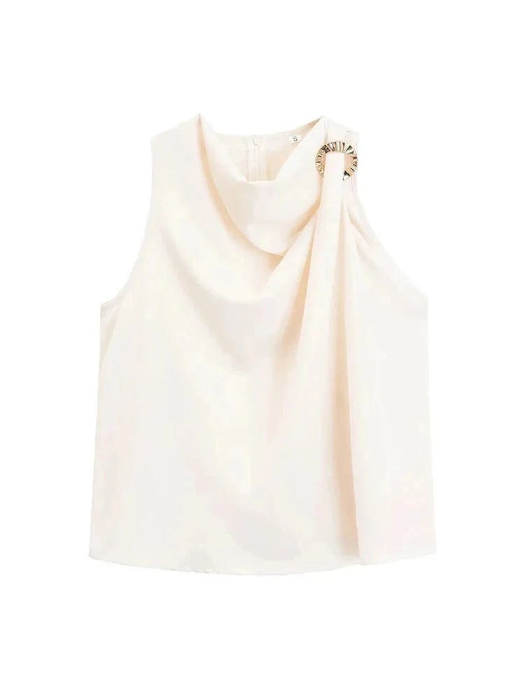 Blouses- Draped Cowl Neck Sleeveless Top with Ring Side- - Chuzko Women Clothing