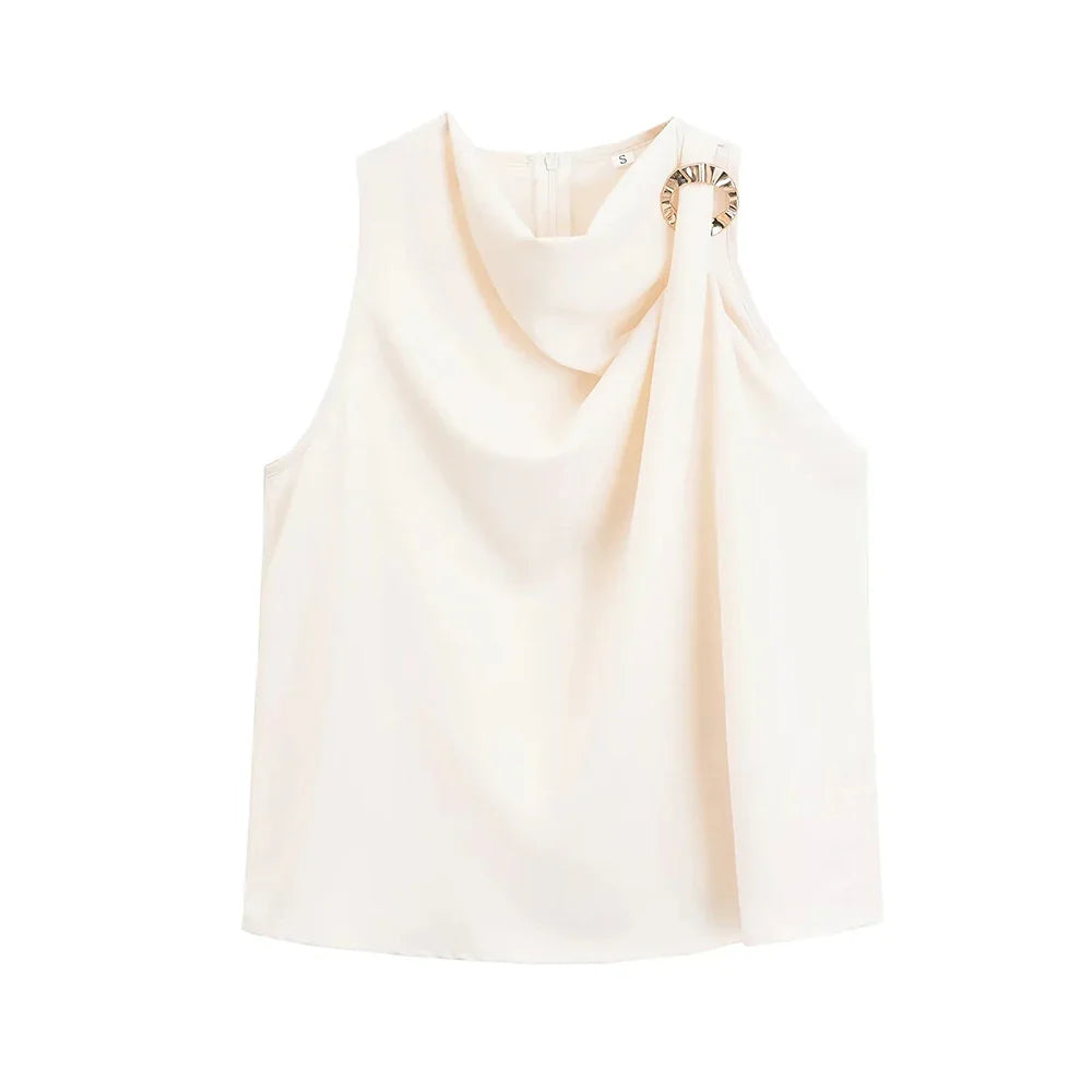 Blouses- Draped Cowl Neck Sleeveless Top with Ring Side- Antique Paper- Chuzko Women Clothing