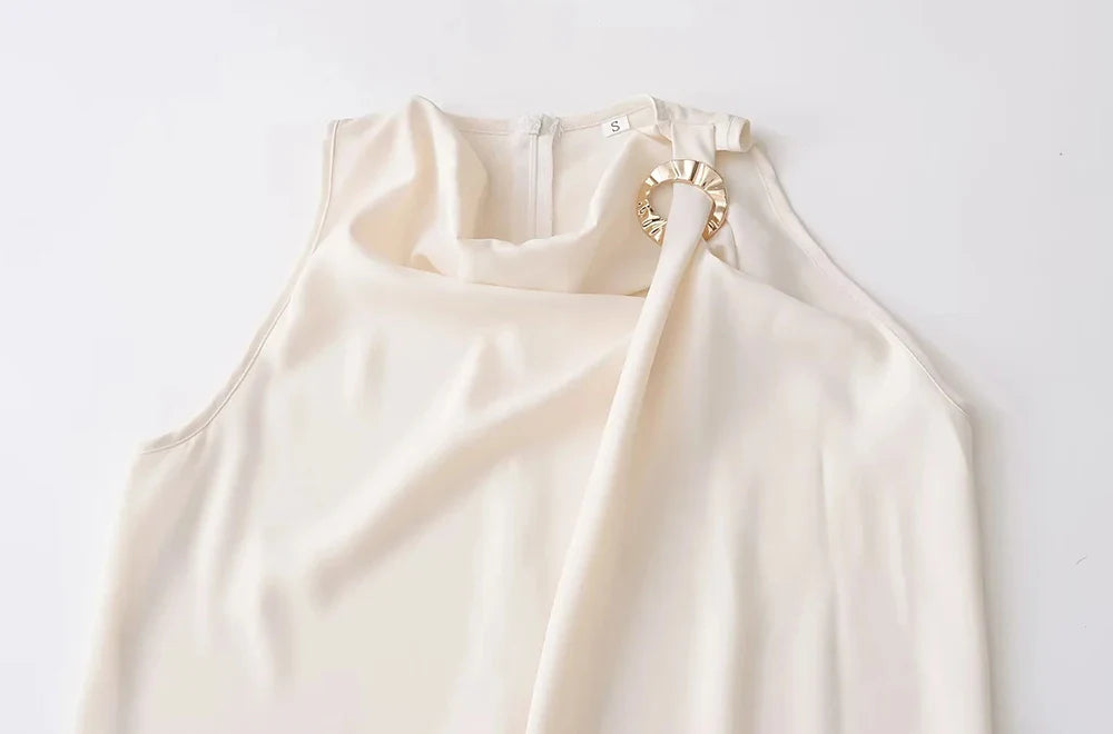 Blouses- Draped Cowl Neck Sleeveless Top with Ring Side- - Chuzko Women Clothing