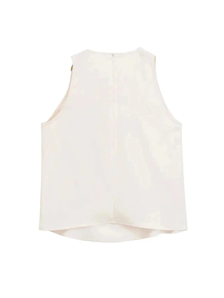Blouses- Draped Cowl Neck Sleeveless Top with Ring Side- - Chuzko Women Clothing
