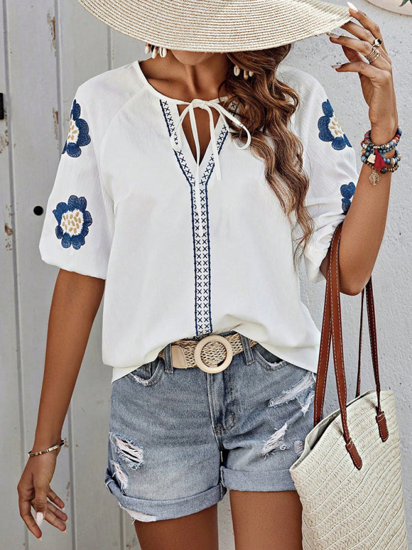 Blouses - Floral Embroidered V-Neck Top for Women