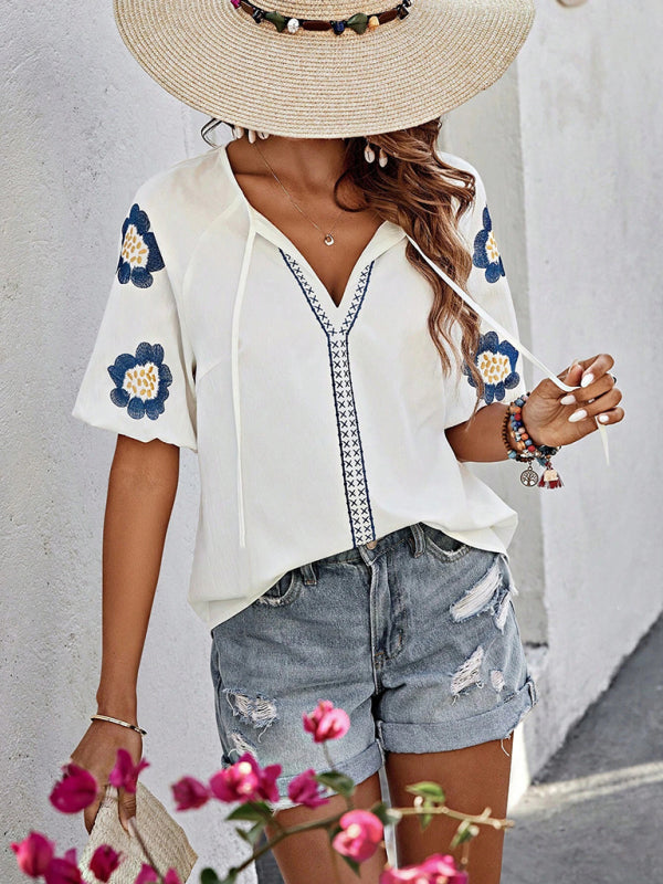 Blouses - Floral Embroidered V-Neck Top for Women