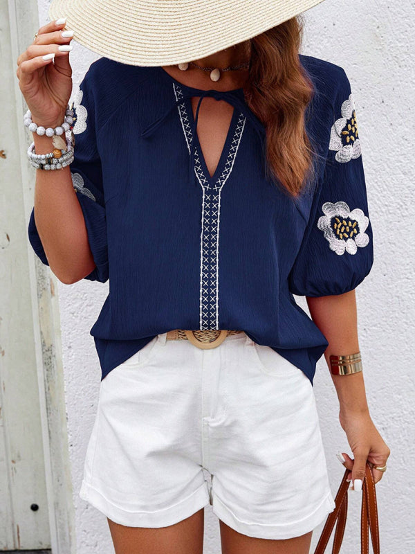 Blouses - Floral Embroidered V-Neck Top for Women
