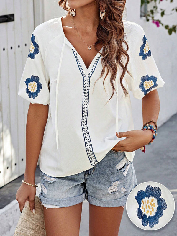 Blouses - Floral Embroidered V-Neck Top for Women