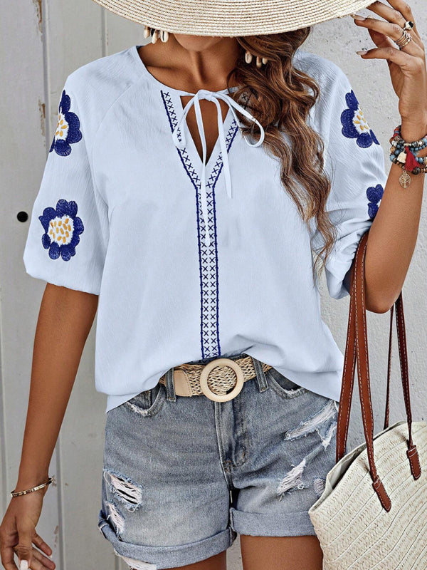 Blouses - Floral Embroidered V-Neck Top for Women
