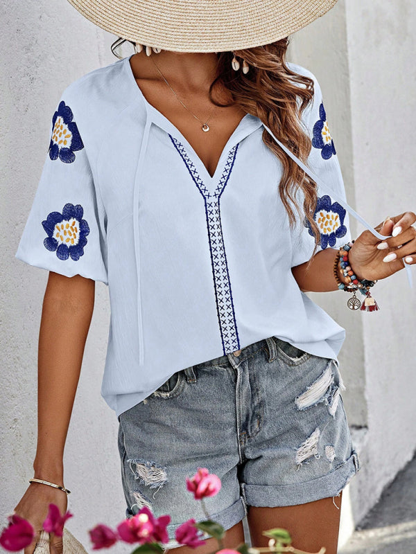Blouses - Floral Embroidered V-Neck Top for Women