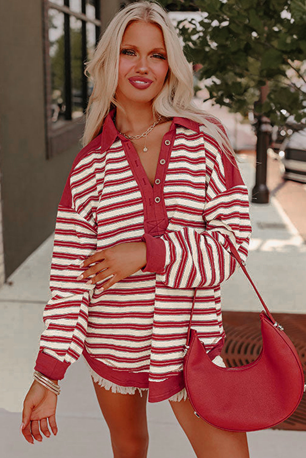 Blouses & Shirts - Autumn Casual Stripe V-Neck Button Top