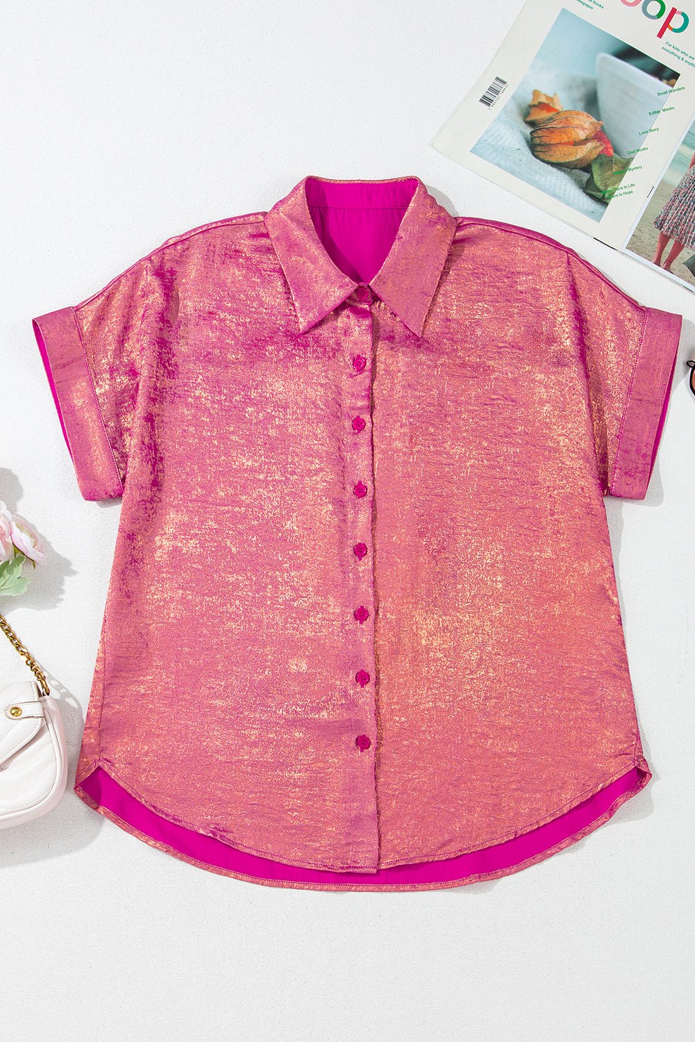 Blouses & Shirts - Women's Pink Sparkly Casual Buttoned Blouse for Festive Occasions
