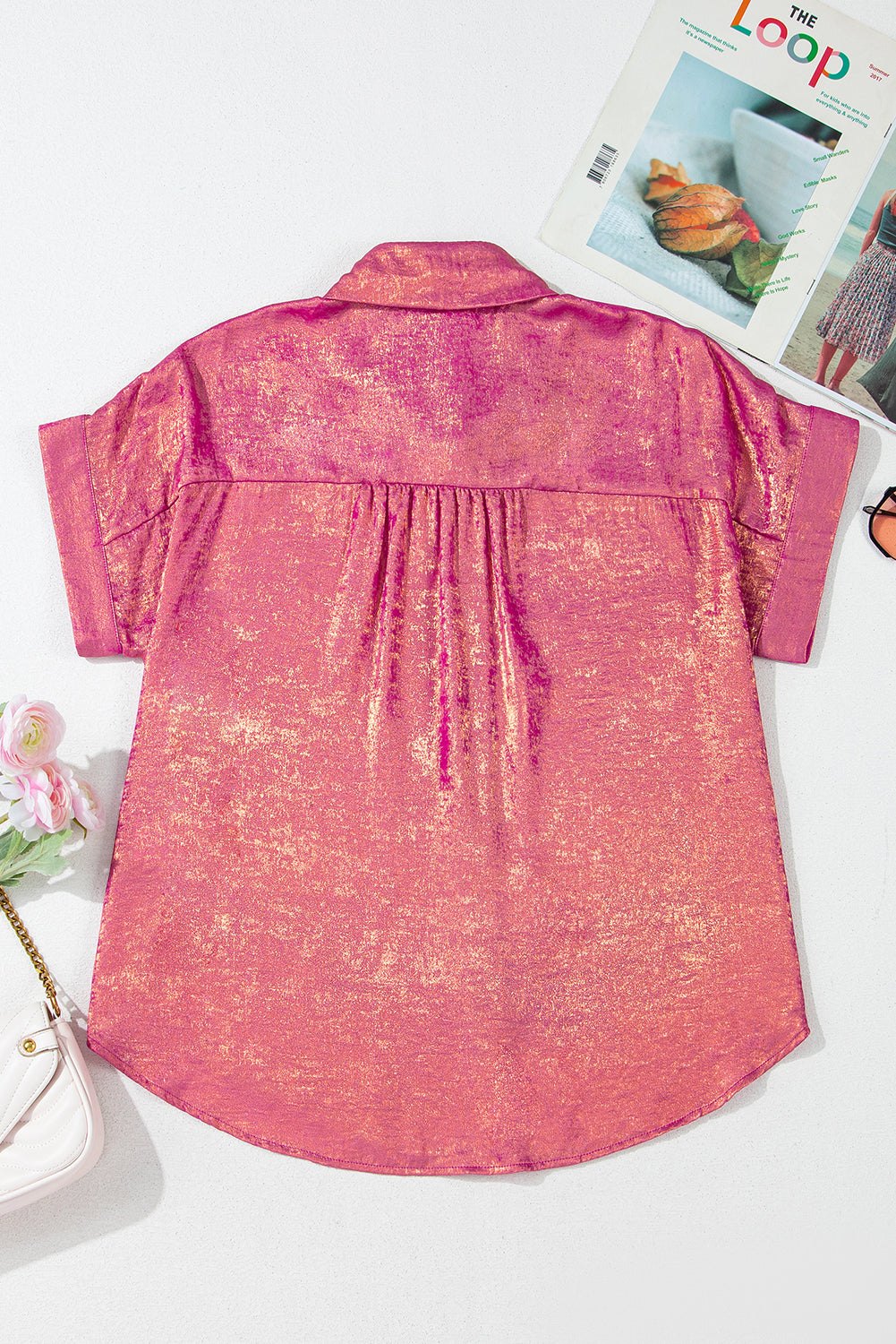 Blouses & Shirts - Women's Pink Sparkly Casual Buttoned Blouse for Festive Occasions
