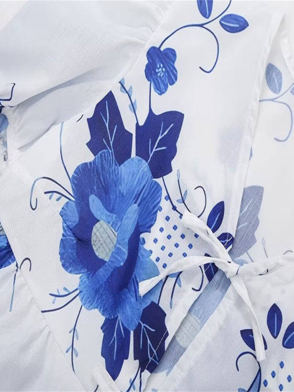 Blouses- Women's Floral Tie-Up Puff Sleeve Blouse- - Chuzko Women Clothing