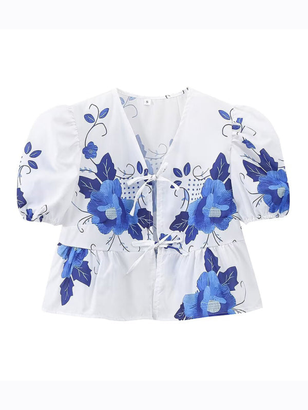 Blouses- Women's Floral Tie-Up Puff Sleeve Blouse- - Chuzko Women Clothing